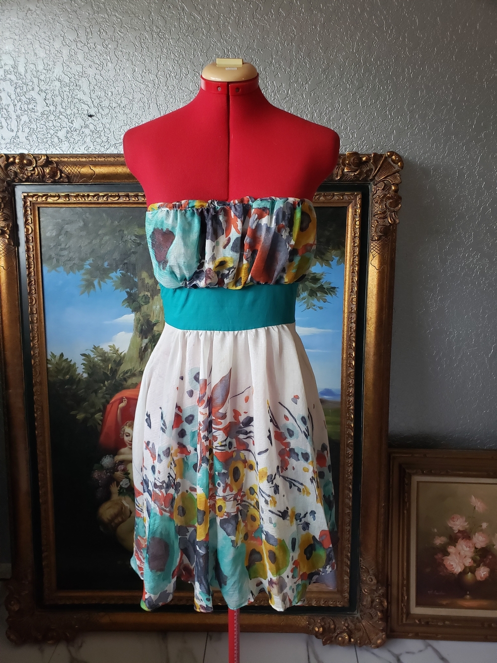 Gracia Strapless Floral Dress in Teal, White, Yellow, Turquoise